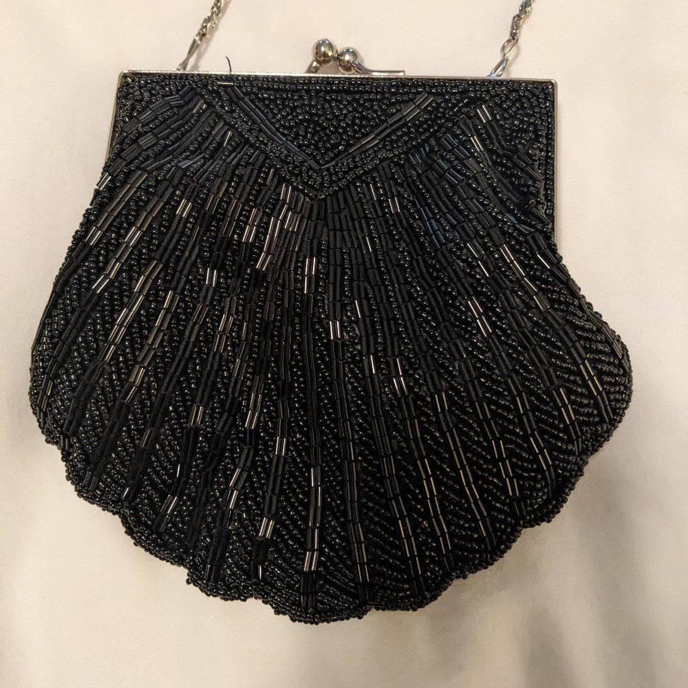 Black Clamshell Beaded Evening Bag